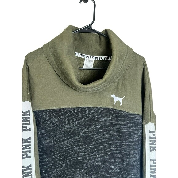 PINK VS Oversized Cowl Neck Pullover M Green Black Logo Sleeve Colorblock - Picture 4 of 11